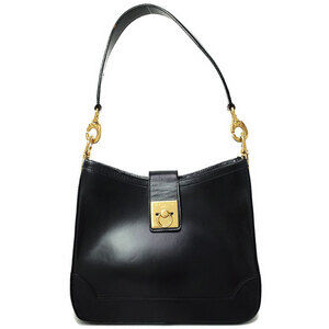 Celine black leather shoulder bag strap logo buckle